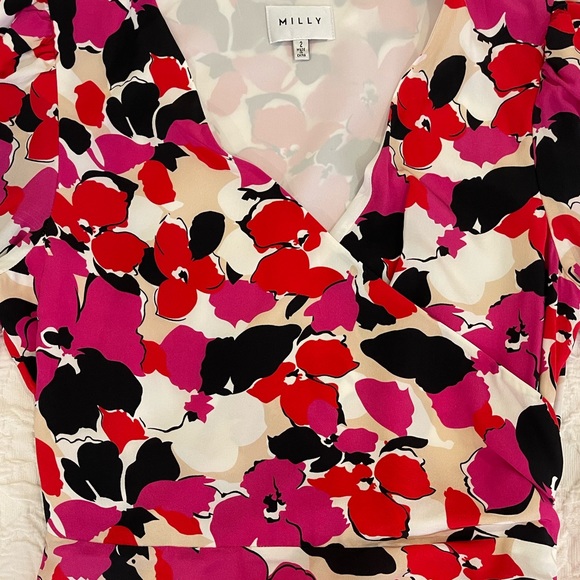 MILLY Eleanora Floral Printed Wrap Silk Midi Dress Size 2 - Picture 5 of 13